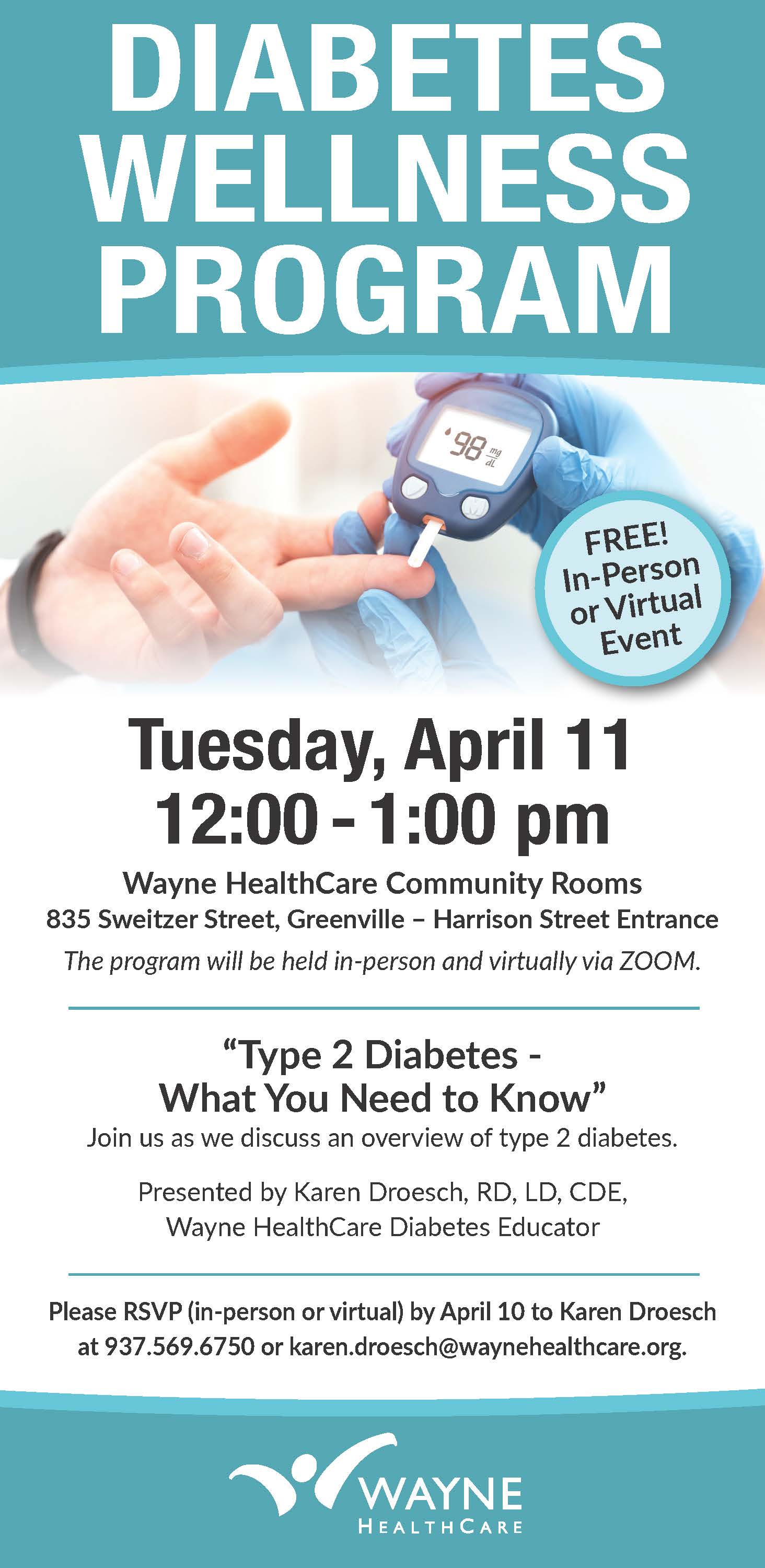 Photo of finger stick for diabetes testing & diabetes wellness program information